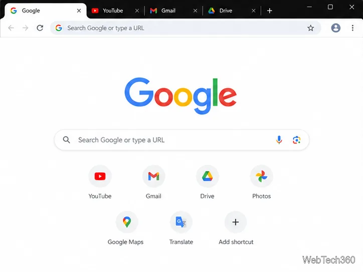 نافذة متصفح كروم تعرض علامة تبويب جوجل نشطة باللون الأبيض بجوار علامات تبويب سوداء غير نشطة لـ YouTube وGmail وDrive.