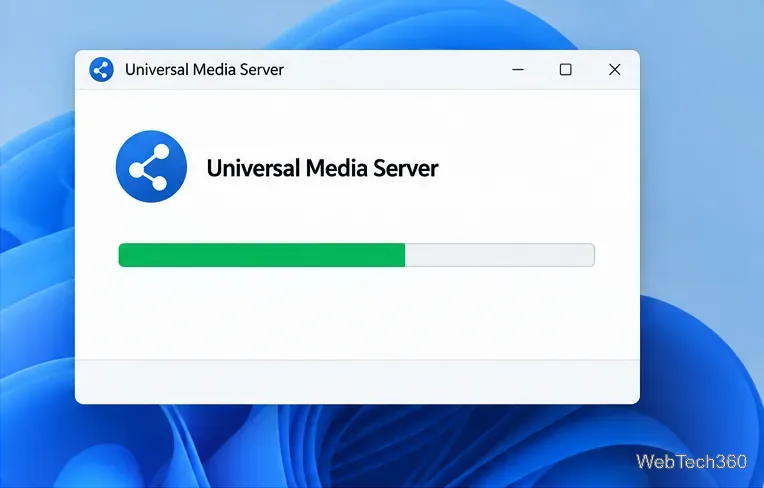 A Universal Media Server setup window showing installation in progress on a Windows desktop.