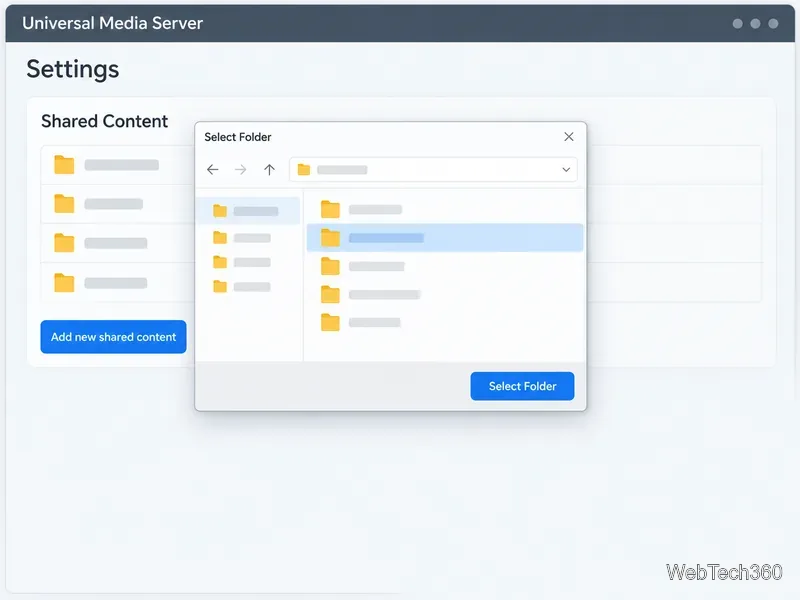 The UMS Shared Content settings page with a directory picker open and one folder selected.