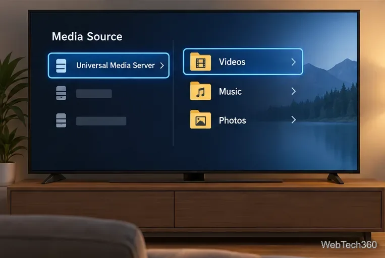 A television media-source screen showing Universal Media Server and a Videos folder.