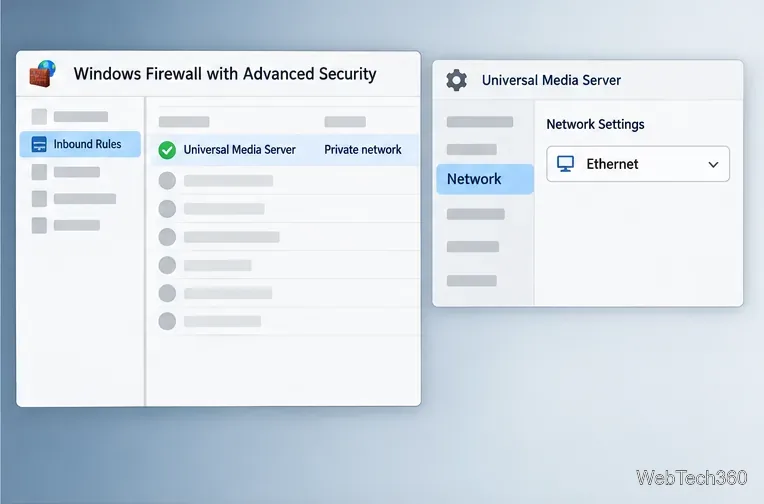 Windows Firewall inbound rules beside the UMS network settings with Ethernet selected.