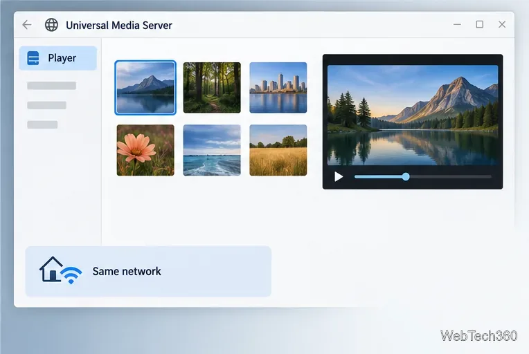 The UMS Player browser interface with media thumbnails, a playback pane, and a same-network reminder.