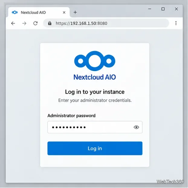 The Nextcloud AIO management login page at a private IP address on port 8080.