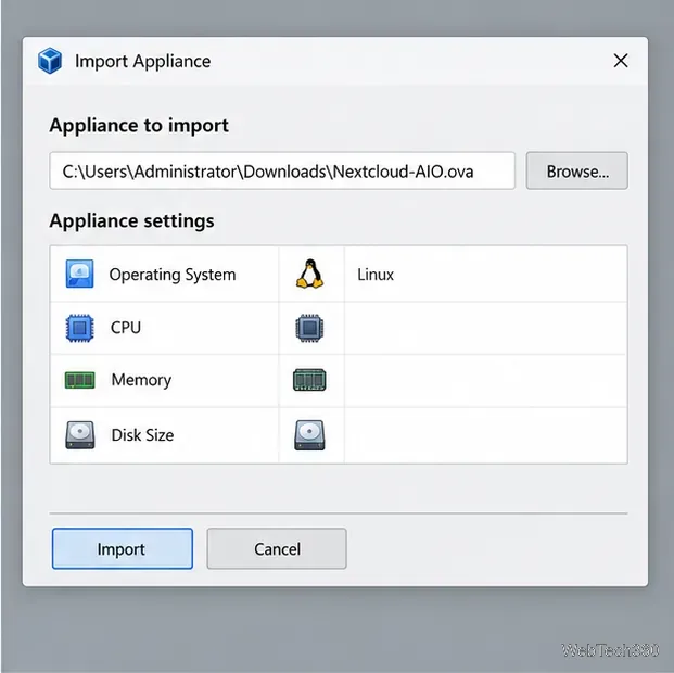 A VirtualBox appliance import dialog with Linux guest and CPU, memory, and disk settings.