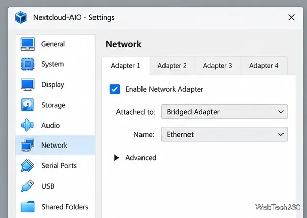 VirtualBox Network settings with Adapter 1 attached to a bridged Ethernet adapter.