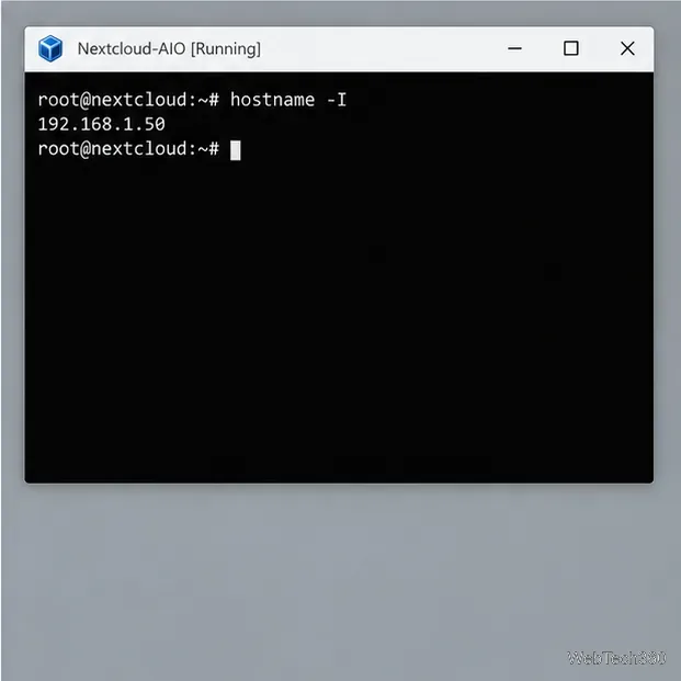 A Linux virtual machine terminal displaying hostname -I and a sample private IPv4 address.