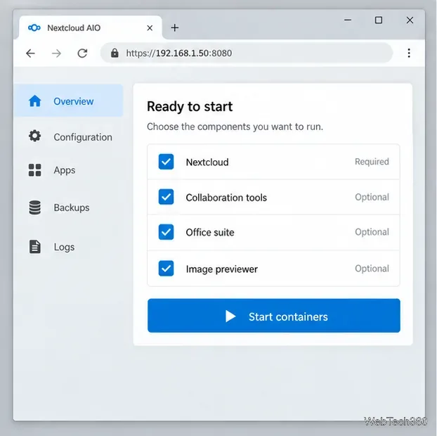 A Nextcloud AIO component selection screen with a Start containers button.