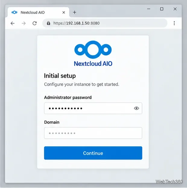 A Nextcloud AIO setup card with administrator password and domain fields.
