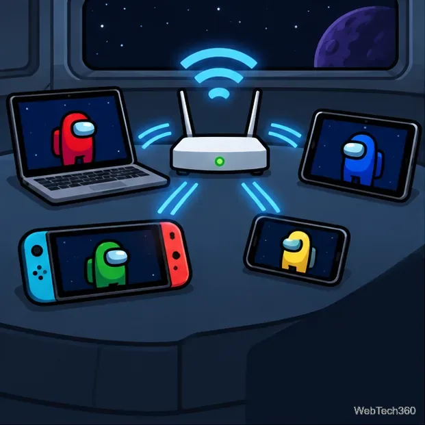 A laptop, tablet, handheld console, and phone connect to one wireless router.