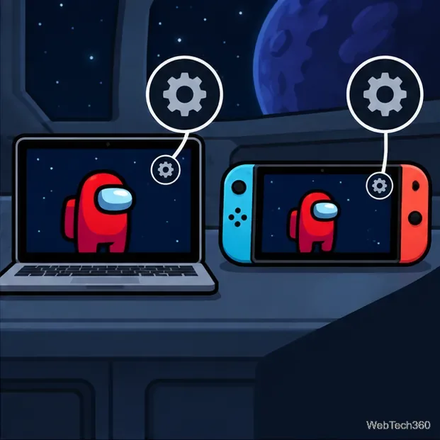 Two devices display the same standard space crew game, with settings icons above each screen.