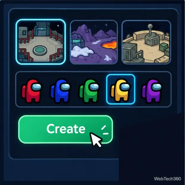 A game setup screen shows map choices, player slots, and a Create button.