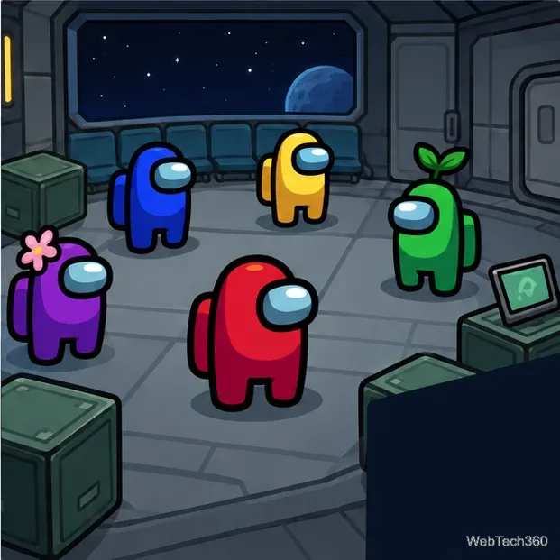 Several colorful astronaut characters wait together inside a spaceship lobby.