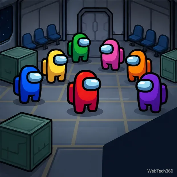 A group of colorful astronaut characters stands together inside a spaceship game lobby.