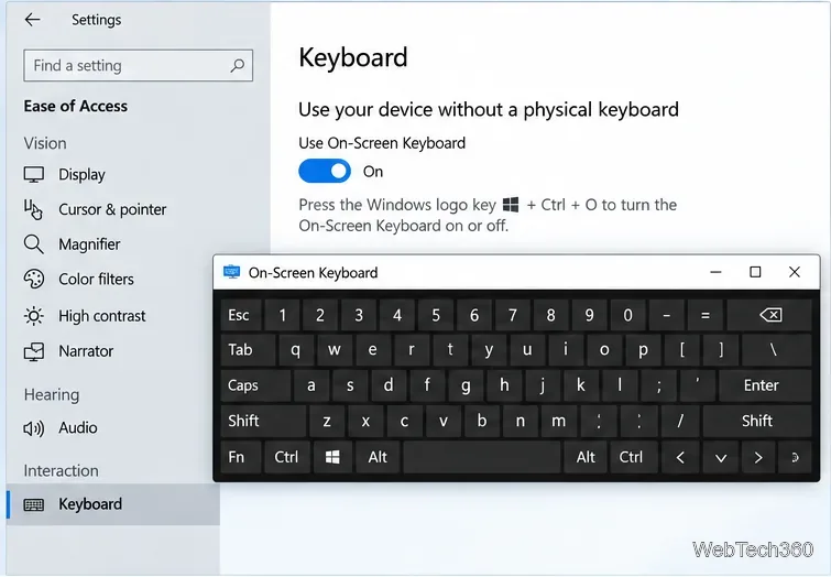В настройках клавиатуры в разделе «Специальные возможности» Windows 10 включена экранная клавиатура, и виртуальная клавиатура отображается.