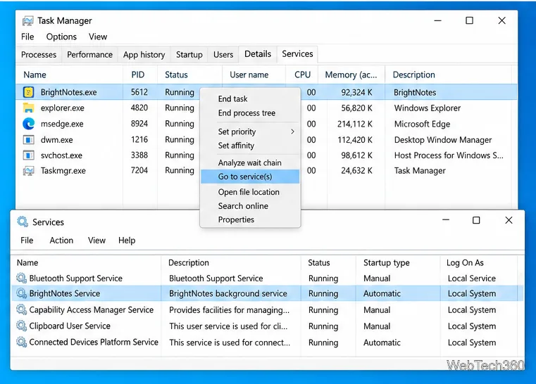 Task Manager linking an example process to a highlighted service in the Services console
