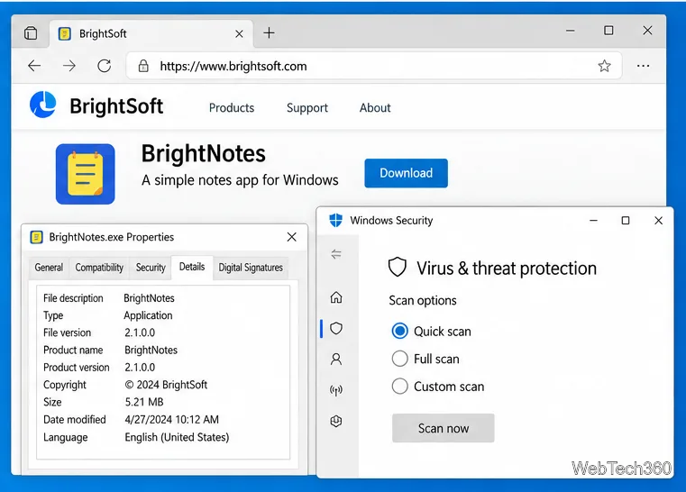 Example identity check comparing file properties with a software publisher page and Windows Security scan options