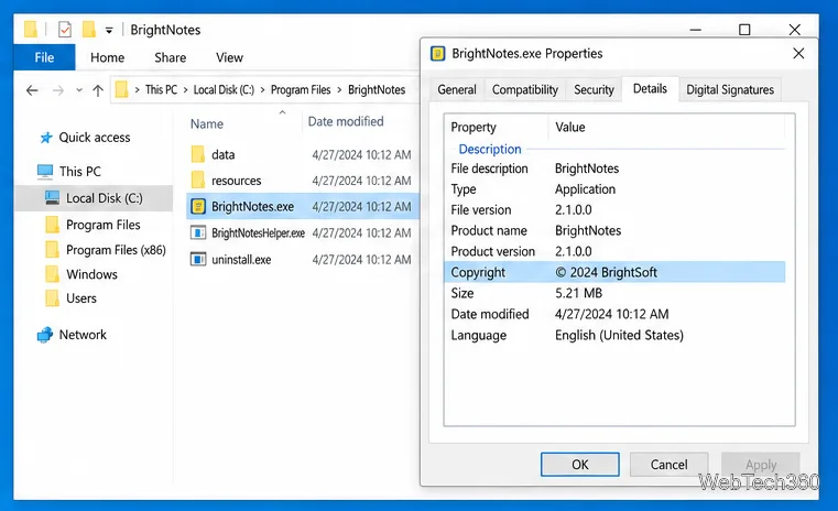 File Explorer selecting an example executable while its Properties dialog shows Details and Digital Signatures tabs