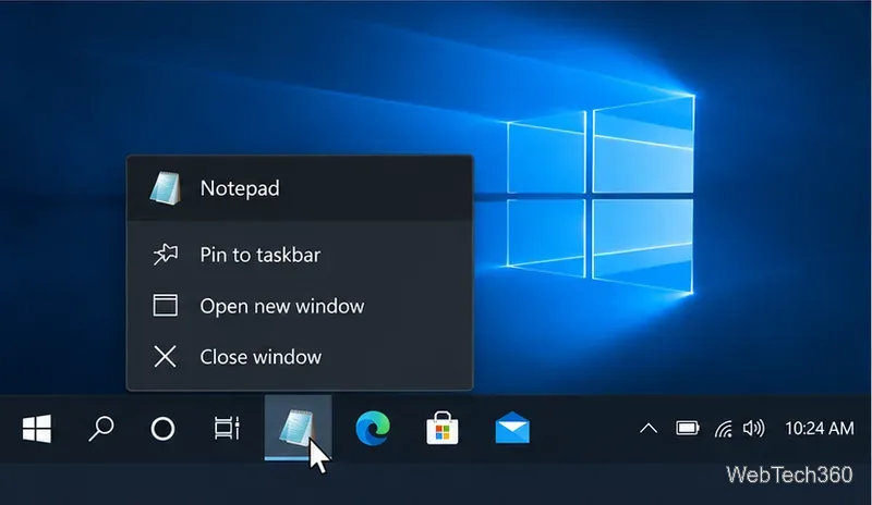Notepad taskbar context menu showing the app name and available commands.