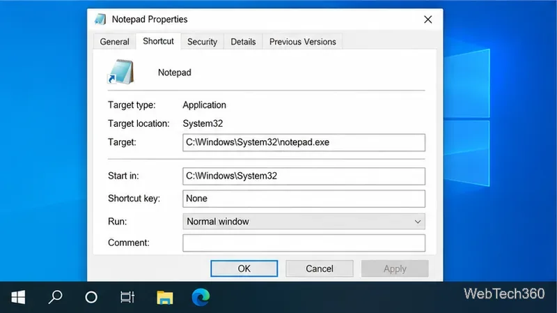 A Windows shortcut Properties dialog with the Shortcut tab selected and a Target field.