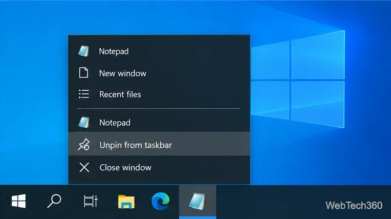 A Windows 10 taskbar context menu for Notepad with Unpin from taskbar highlighted.