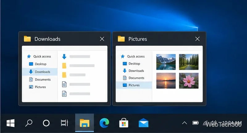 Two File Explorer window previews titled Downloads and Pictures above one grouped taskbar button.