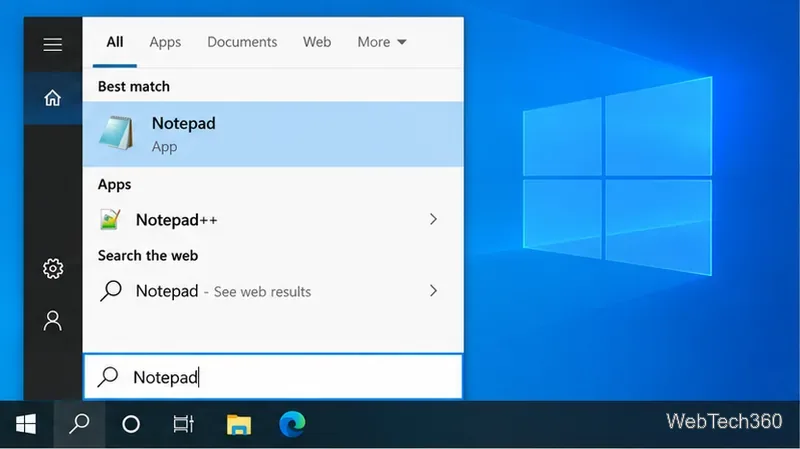 Windows 10 Start search with Notepad typed and the Notepad app result highlighted.