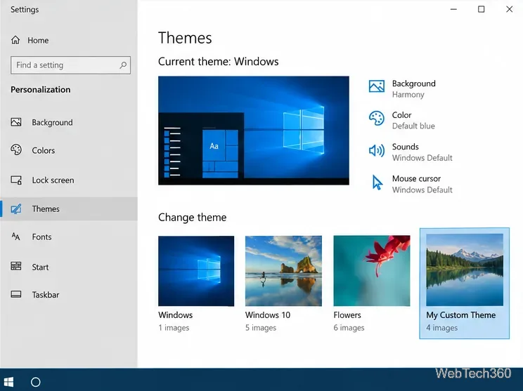 การตั้งค่าธีมของ Windows 10 แสดงไทล์ธีมที่กำหนดเองที่เพิ่งนำเข้าใหม่