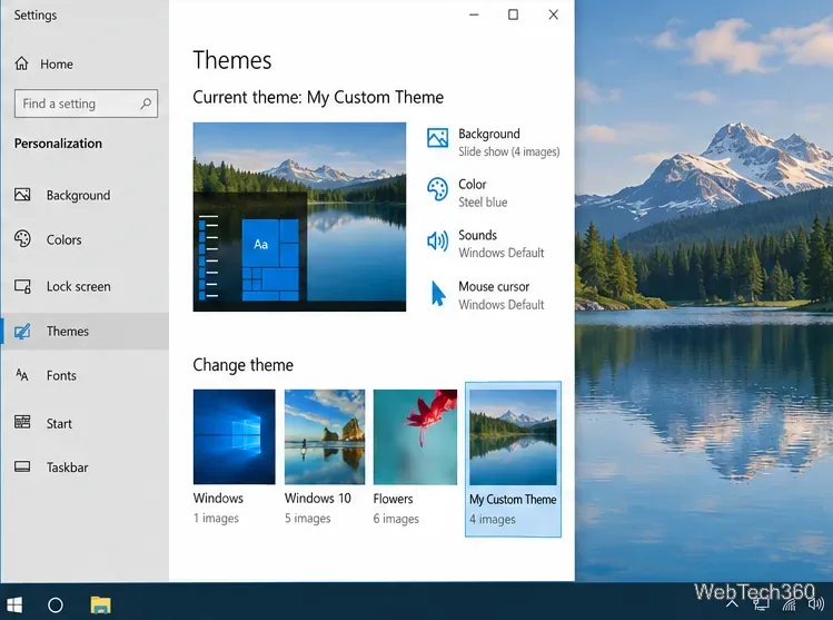 การตั้งค่าธีมของ Windows 10 โดยเลือกและใช้งานธีมที่กำหนดเองที่นำเข้าแล้ว