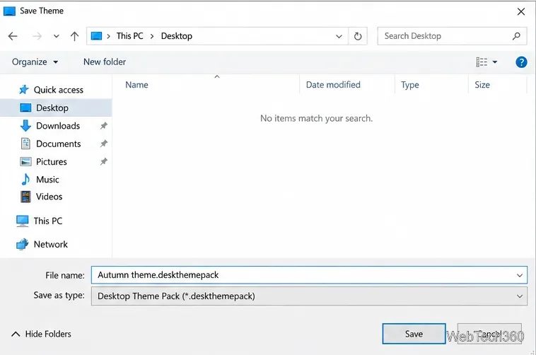 หน้าต่างบันทึกธีมใน Windows 10 ที่มีชื่อไฟล์ .deskthemepack และปุ่มบันทึก