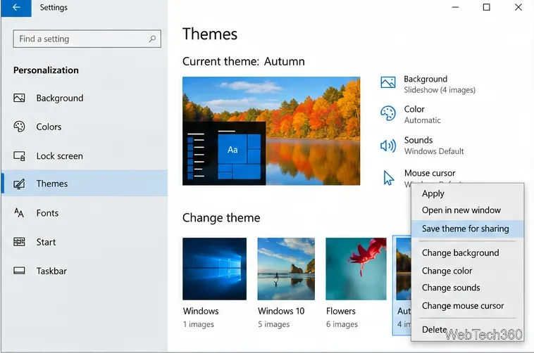 เมนูบริบทของไทล์ธีม Windows 10 เมื่อเลือก "บันทึกธีมสำหรับการแชร์"