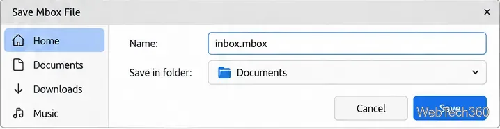 Linux-Dialog zum Speichern von Mbox-Dateien: Die Datei „inbox.mbox“ wird im Ordner „Dokumente“ gespeichert.