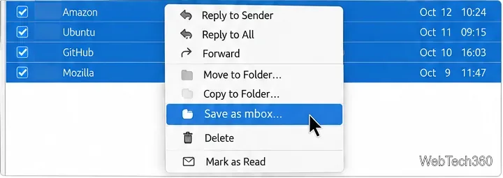 Kontextmenü von Evolution mit der Auswahl "Speichern unter" (mbox) für eine Gruppe von E-Mail-Nachrichten