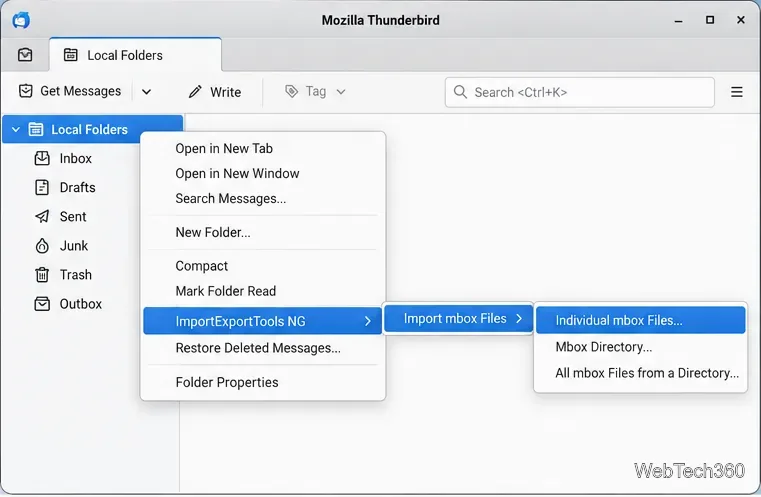 Kontextmenü der lokalen Ordner von Thunderbird mit den Optionen ImportExportTools NG, Import mbox Files und Individual mbox Files