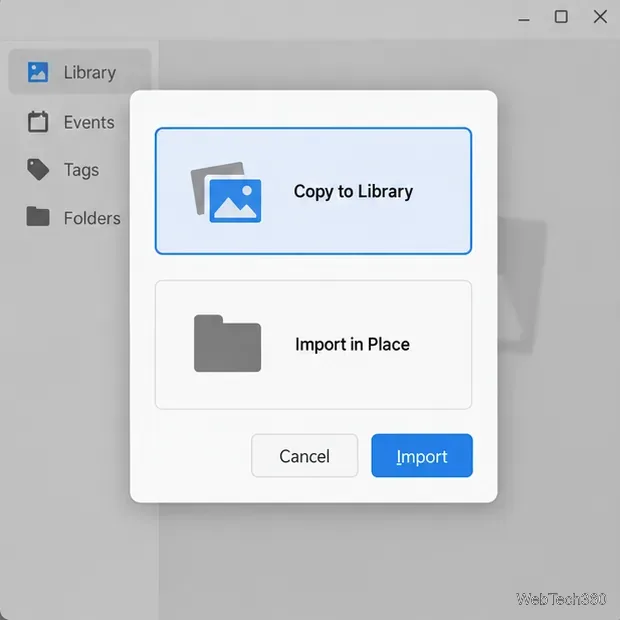 Shotwell import choice dialog with Copy to Library and Import in Place options.