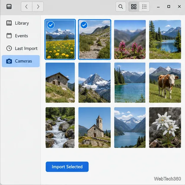 Two camera thumbnails selected in Shotwell, with the Import Selected button below the grid.