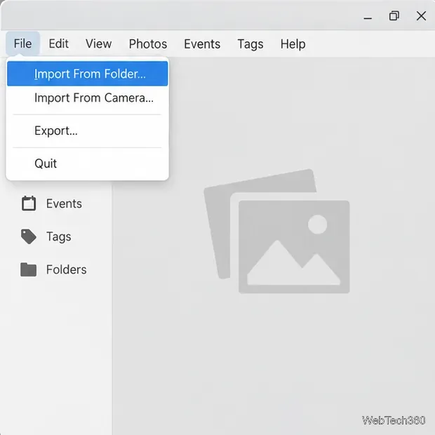 Shotwell File menu open with Import From Folder highlighted.