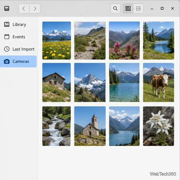 Shotwell window with the Cameras section highlighted in the sidebar and camera photo previews in the main pane.