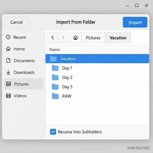 Import From Folder chooser showing a selected Pictures folder, nested folders, and the Recurse Into Subfolders option.