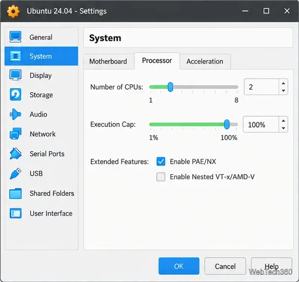 VirtualBox System Processor settings with Number of CPUs set to 2 and the execution cap at 100 percent