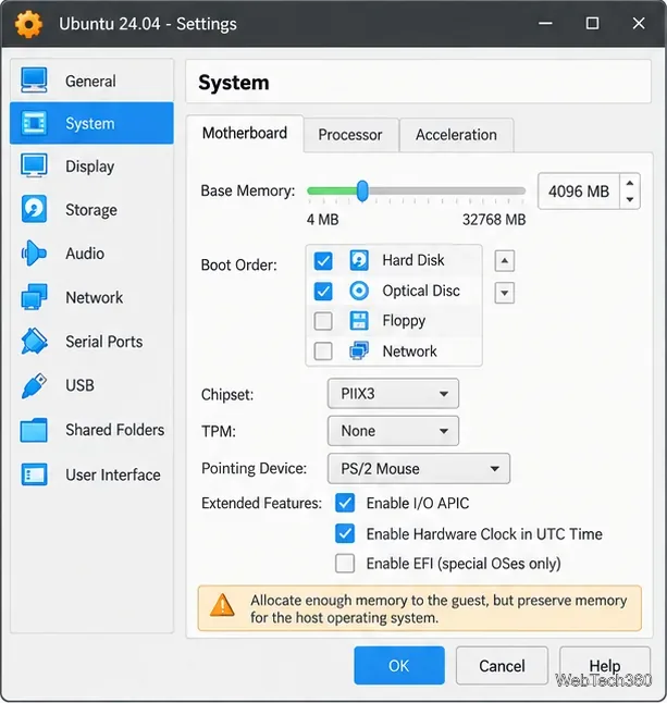 VirtualBox System Motherboard settings showing Base Memory set to 4096 MB and a warning to preserve host memory