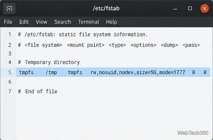 Editor di testo che mostra una voce tmpfs in /etc/fstab per /tmp con dimensione=5G e modalità=1777
