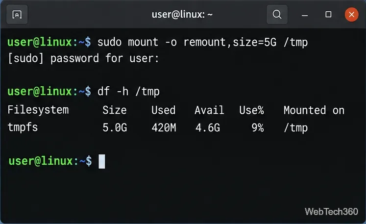 Terminale Linux che rimonta /tmp tmpfs con dimensione=5G e mostra una capacità di 5.0G nell'output di df