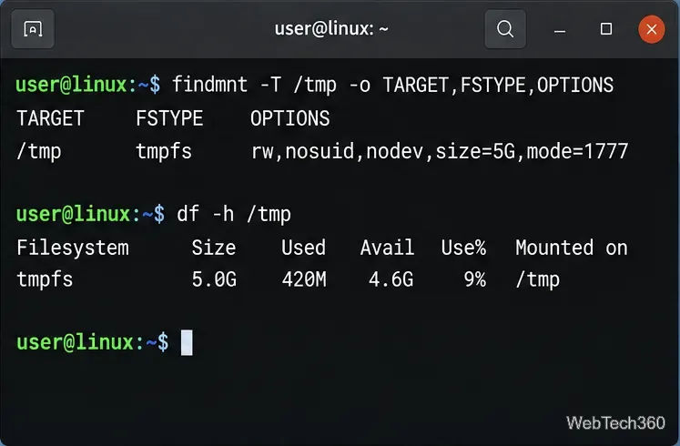 Terminale Linux che verifica /tmp come tmpfs con dimensione=5G e capacità totale di 5.0G