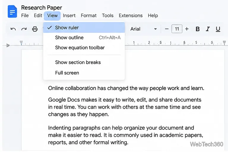Меню «Вид» в документе в стиле Google Docs с выбранной опцией «Показать линейку»