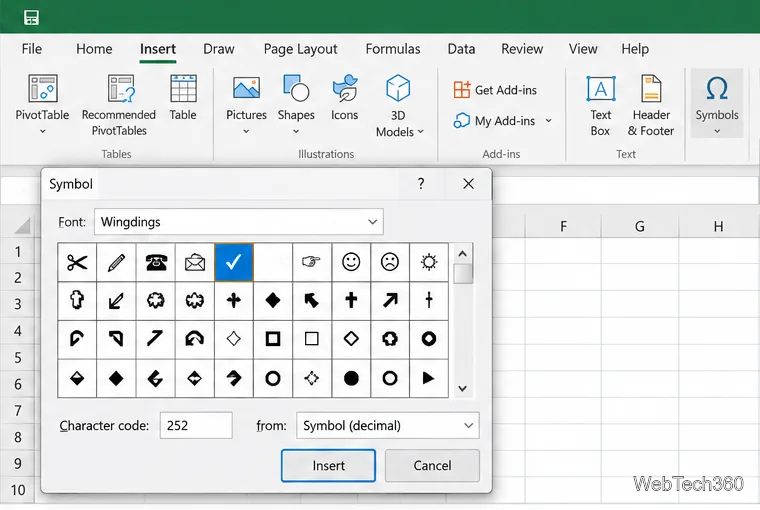 Диалоговое окно «Символы» в Excel с выбранным шрифтом Wingdings, выделенной галочкой и видимым кодом символа 252.