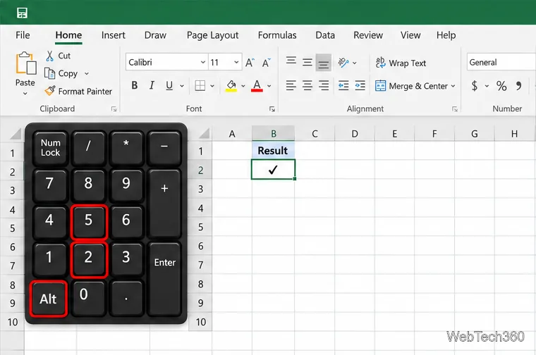 Цифровая клавиатура рядом с листом Excel, на которой отображается галочка, а клавиши Alt и цифровая клавиатура выделены.