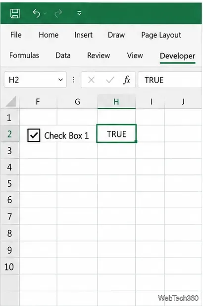 セルH2にリンクされたフォームコントロールのチェックボックスがチェックされ、TRUEが表示されます