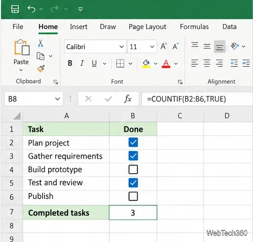 Excelの集計関数は、B2からB6までの3つのTRUEチェックボックスの値をカウントします。