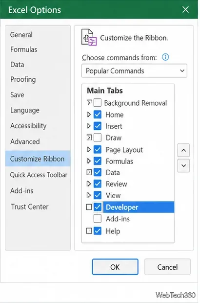 「リボンのカスタマイズ」で「開発者」にチェックを入れた状態で、Excelのオプションダイアログが開きます。