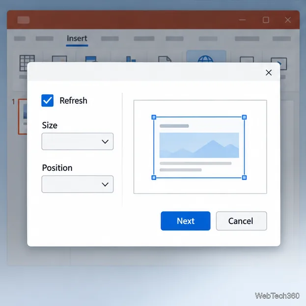 L'assistant LiveWeb propose une case à cocher pour actualiser la page, ainsi que des commandes pour la taille et la position de la page web sur la diapositive.